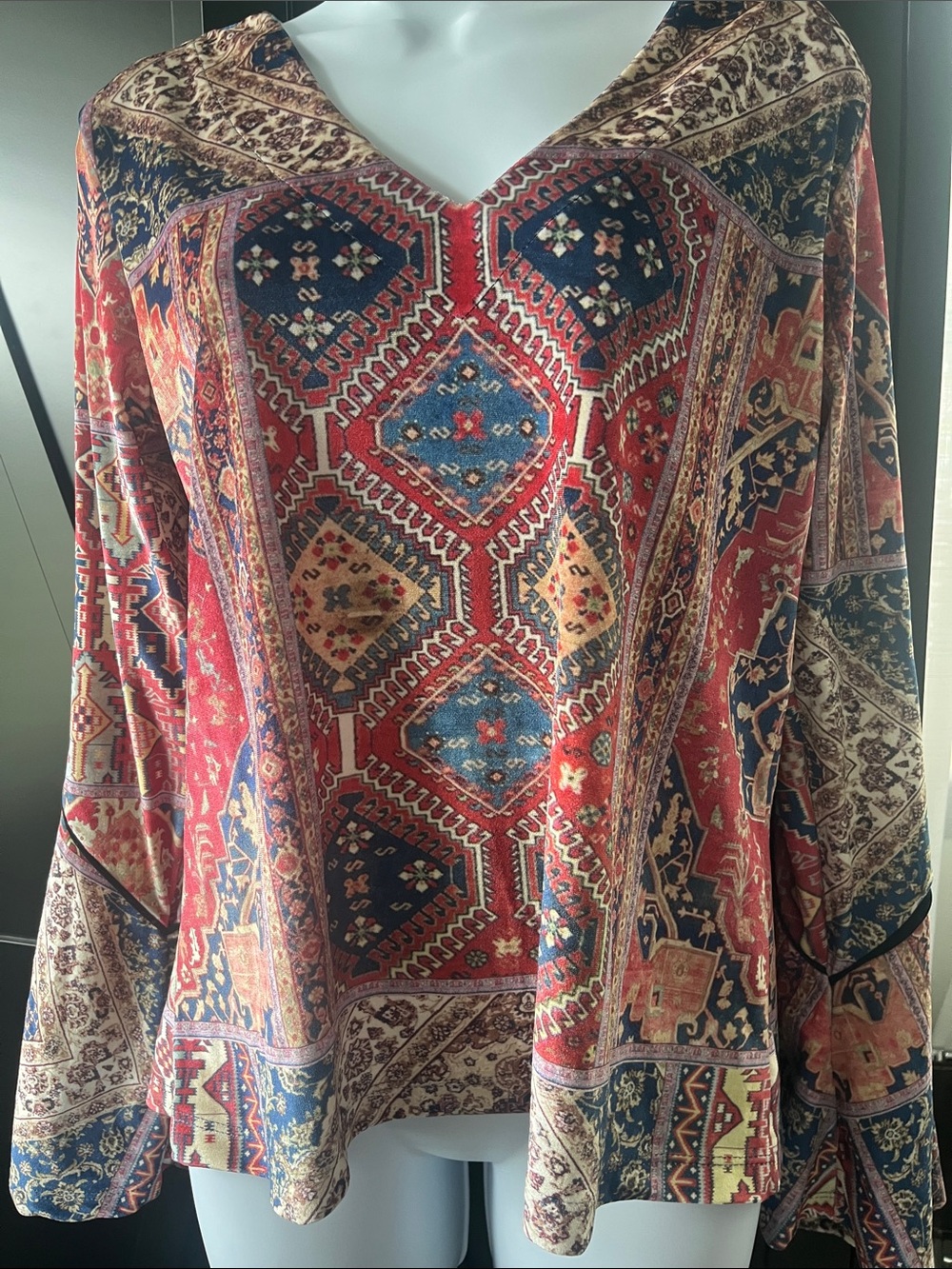 Boho V-Neck Red Multi-Pattern Tunic Top